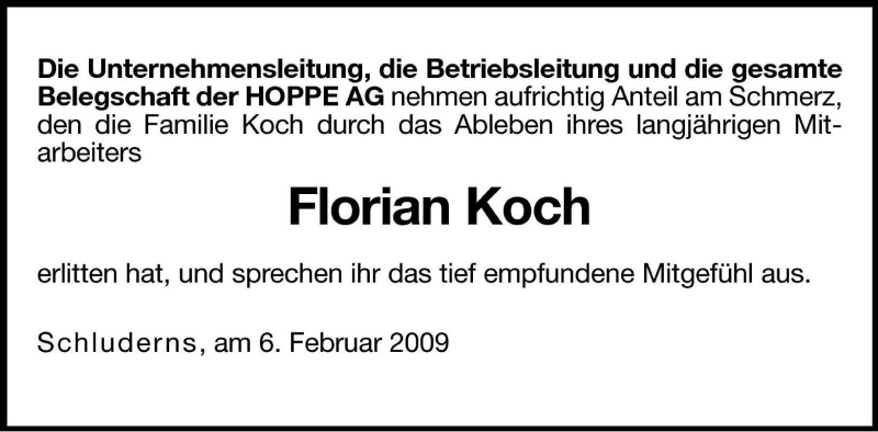  Traueranzeige für Florian Koch vom 10.02.2009 aus Dolomiten
