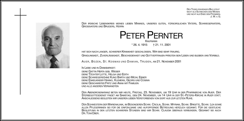  Traueranzeige für Peter Pernter vom 23.11.2001 aus Dolomiten