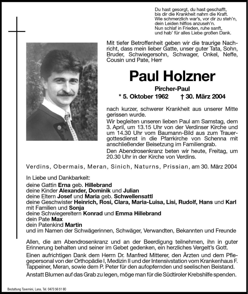  Traueranzeige für Paul Holzner vom 02.04.2004 aus Dolomiten