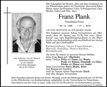 Traueranzeige von Franz Plank von Dolomiten