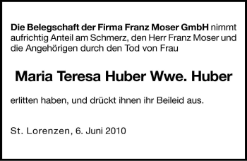 Traueranzeige von Maria Teresa Huber von Dolomiten