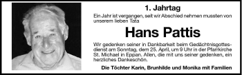 Traueranzeige von Hans Pattis von Dolomiten