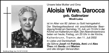 Traueranzeige von Aloisia Darocca von Dolomiten