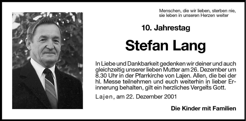  Traueranzeige für Stefan Lang vom 22.12.2001 aus Dolomiten