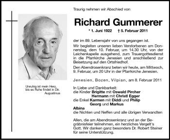 Traueranzeige von Richard Gummerer von Dolomiten