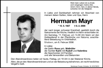 Traueranzeige von Hermann Mayr von Dolomiten