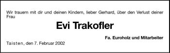 Traueranzeige von Evi Trakofler von Dolomiten