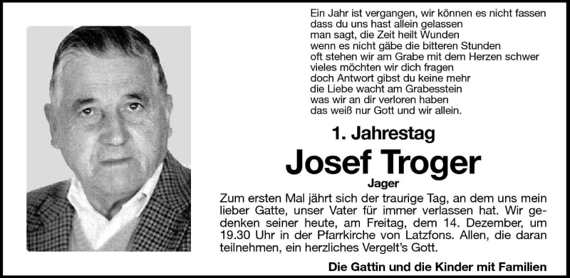  Traueranzeige für Josef Troger vom 14.12.2001 aus Dolomiten