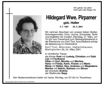 Traueranzeige von Hildegard Pirpamer von Dolomiten