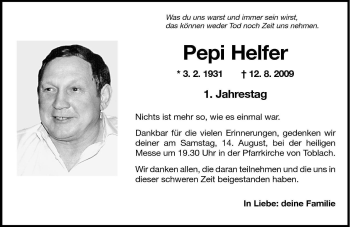 Traueranzeige von Pepi Helfer von Dolomiten