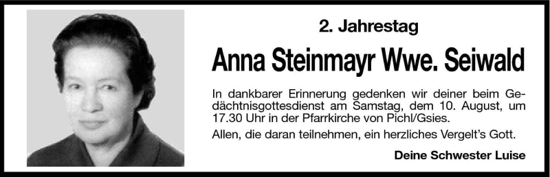  Traueranzeige für Anna Seiwald vom 09.08.2002 aus Dolomiten