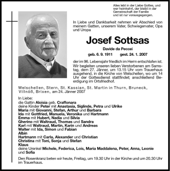 Traueranzeige von Josef Sottsas von Dolomiten