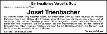 Traueranzeige von Josef Trienbacher von Dolomiten