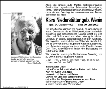 Traueranzeige von Klara Niederstätter von Dolomiten