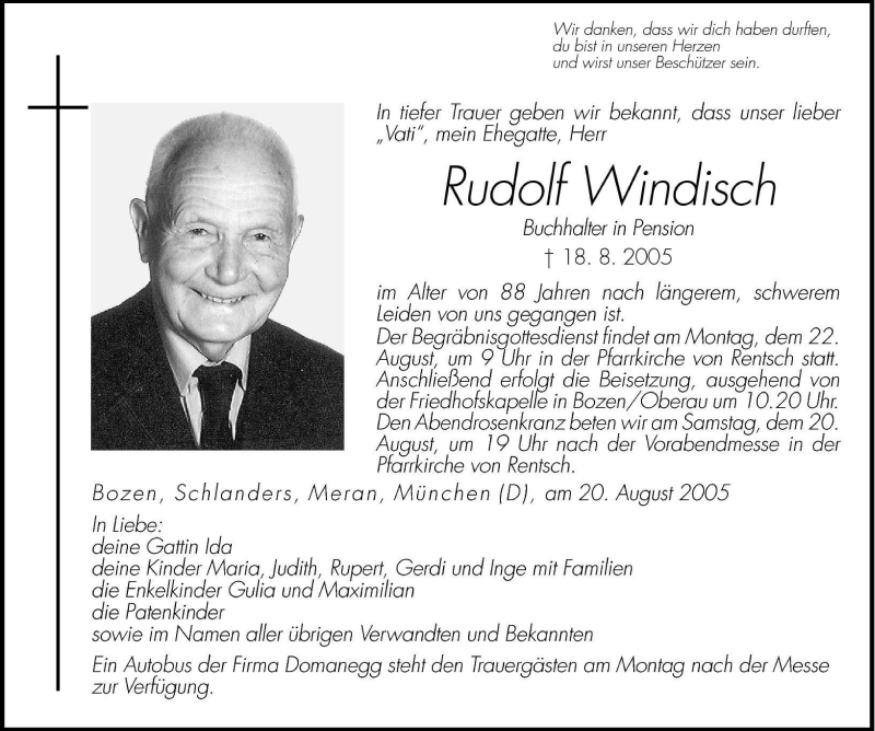  Traueranzeige für Rudolf Windisch vom 20.08.2005 aus Dolomiten