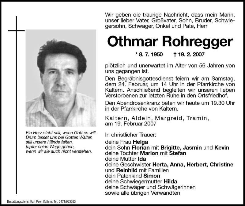  Traueranzeige für Othmar Rohregger vom 23.02.2007 aus Dolomiten
