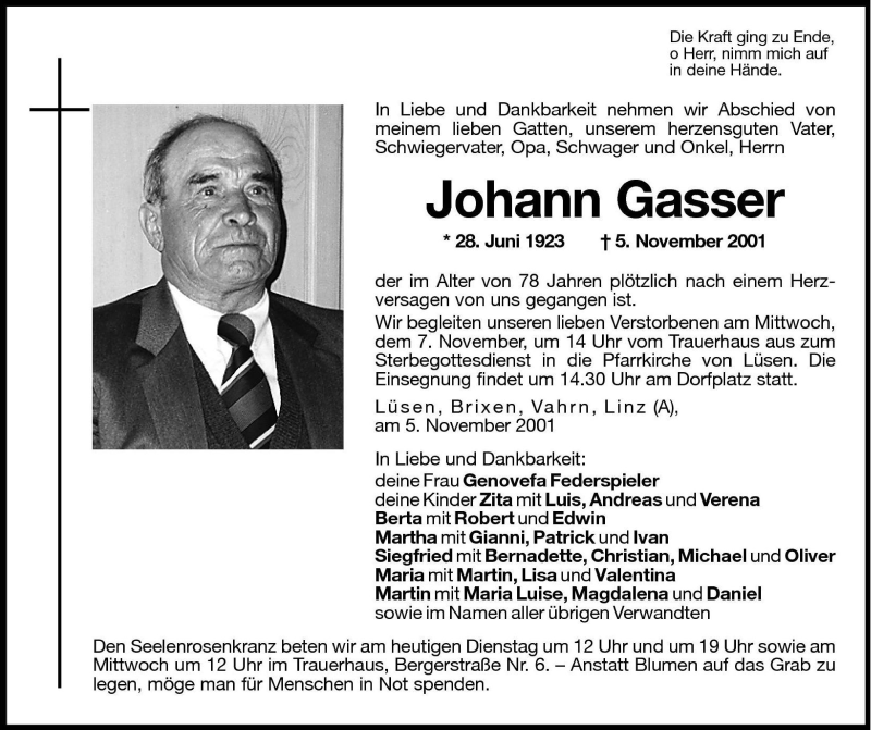  Traueranzeige für Johann Gasser vom 06.11.2001 aus Dolomiten