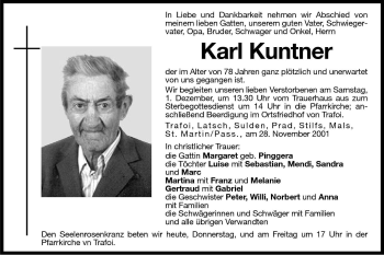 Traueranzeige von Karl Kuntner von Dolomiten