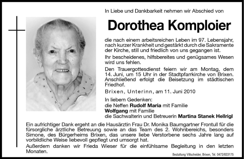 Traueranzeigen Von Dorothea Komploier | Trauer.bz