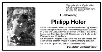 Traueranzeige von Philipp Hofer von Dolomiten