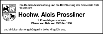 Traueranzeige von Alois Prossliner von Dolomiten
