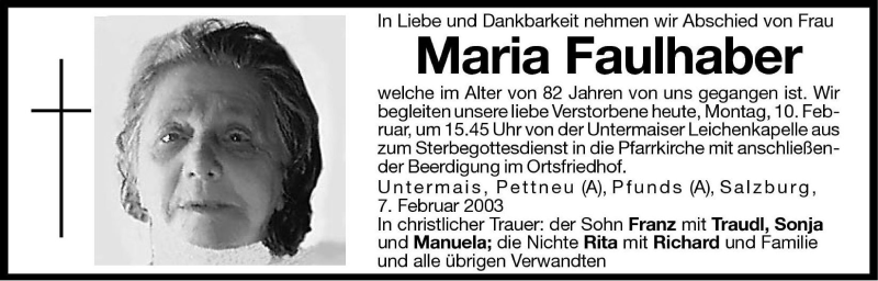  Traueranzeige für Maria Faulhaber vom 10.02.2003 aus Dolomiten