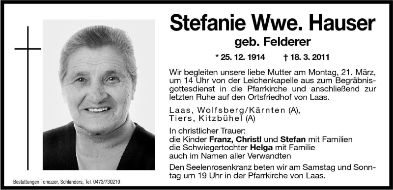  Traueranzeige für Stefanie Hauser vom 19.03.2011 aus Dolomiten