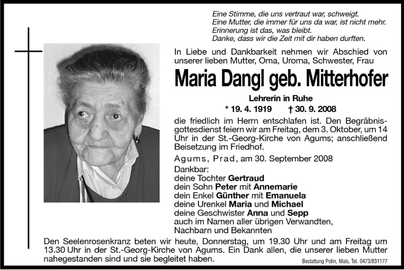  Traueranzeige für Maria Dangl vom 02.10.2008 aus Dolomiten
