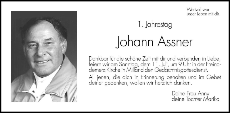  Traueranzeige für Johann Assner vom 09.07.2004 aus Dolomiten