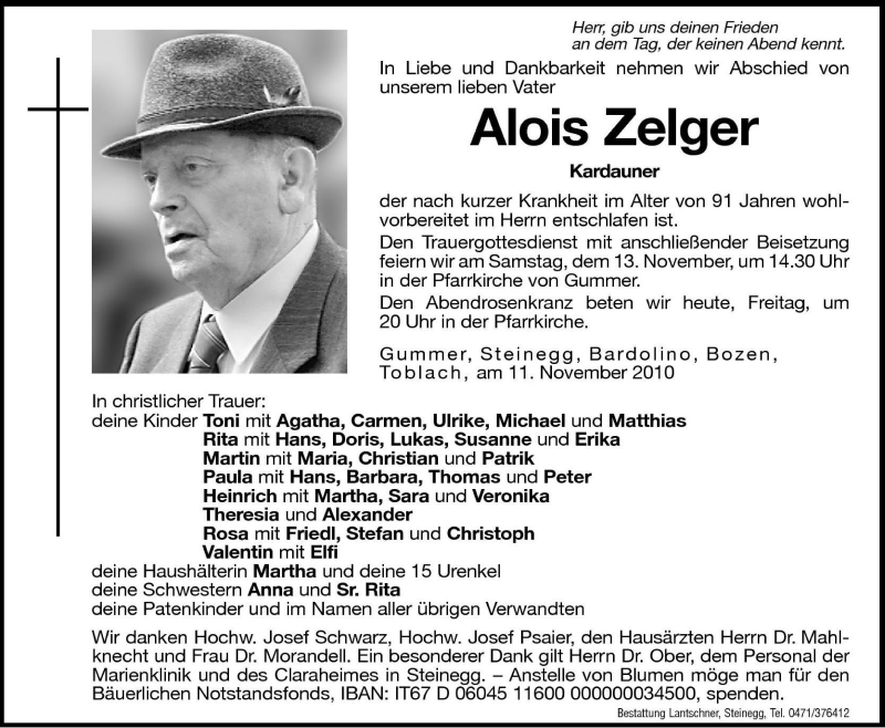  Traueranzeige für Alois Zelger vom 12.11.2010 aus Dolomiten