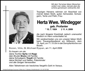 Traueranzeige von Herta Windegger von Dolomiten