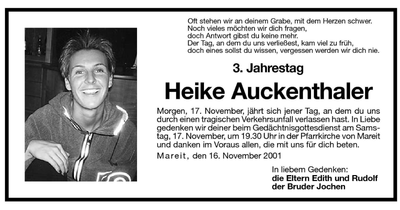  Traueranzeige für Heike Auckenthaler vom 16.11.2001 aus Dolomiten