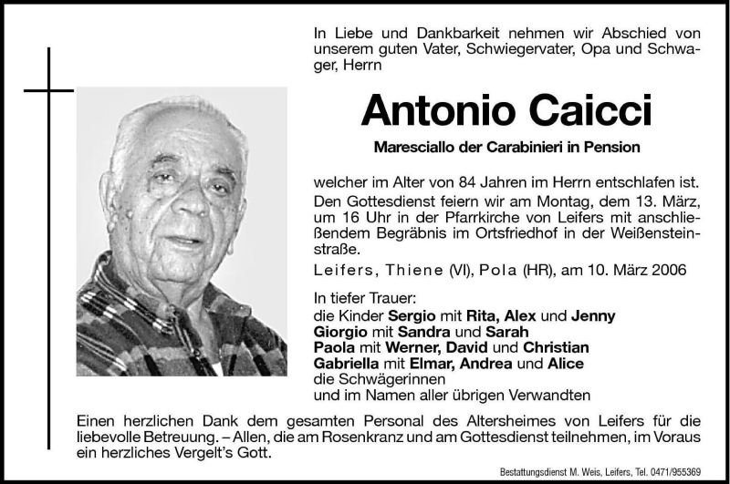 Traueranzeige für Antonio Caicci vom 11.03.2006 aus Dolomiten