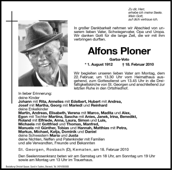 Traueranzeige von Alfons Ploner von Dolomiten