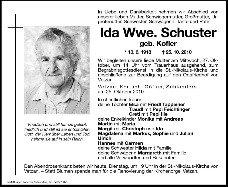  Traueranzeige für Ida Schuster vom 26.10.2010 aus Dolomiten