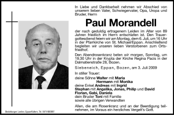 Traueranzeige von Paul Morandell von Dolomiten