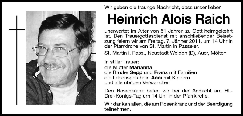  Traueranzeige für Heinrich Alois Raich vom 05.01.2011 aus Dolomiten