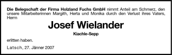 Traueranzeige von Josef Wielander von Dolomiten