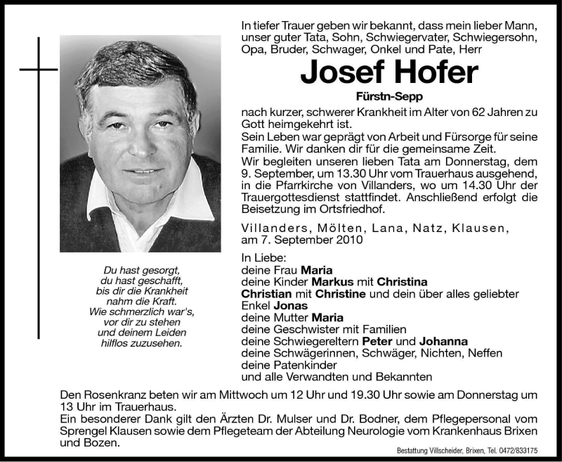  Traueranzeige für Josef Hofer vom 08.09.2010 aus Dolomiten