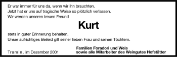 Traueranzeige von Kurt Dissertori von Dolomiten