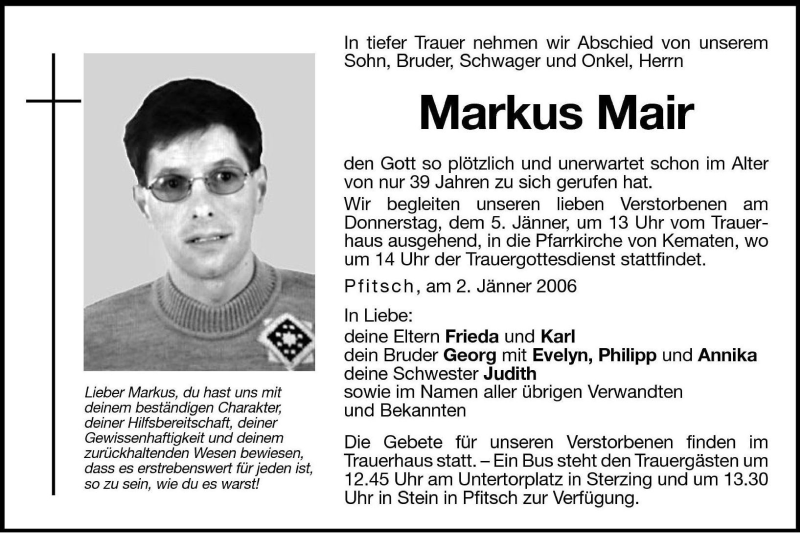  Traueranzeige für Markus Mair vom 04.01.2006 aus Dolomiten