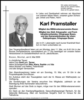 Traueranzeige von Karl Pramstaller von Dolomiten