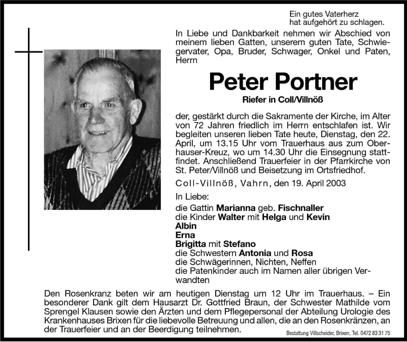  Traueranzeige für Peter Portner vom 22.04.2003 aus Dolomiten