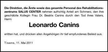 Traueranzeige von Leonardo Canins von Dolomiten