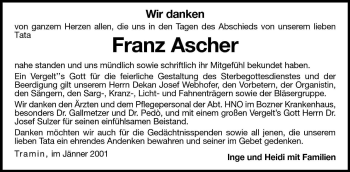 Traueranzeige von Franz Ascher von Dolomiten