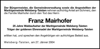 Traueranzeige von Franz Mairhofer von Dolomiten