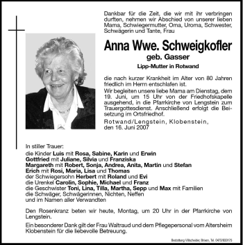 Traueranzeige von Anna Schweigkofler von Dolomiten