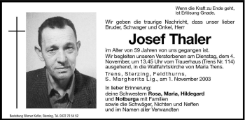 Traueranzeige von Josef Thaler von Dolomiten