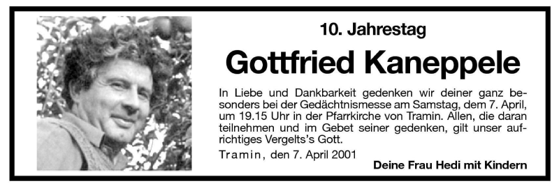  Traueranzeige für Gottfried Kaneppele vom 06.04.2001 aus Dolomiten