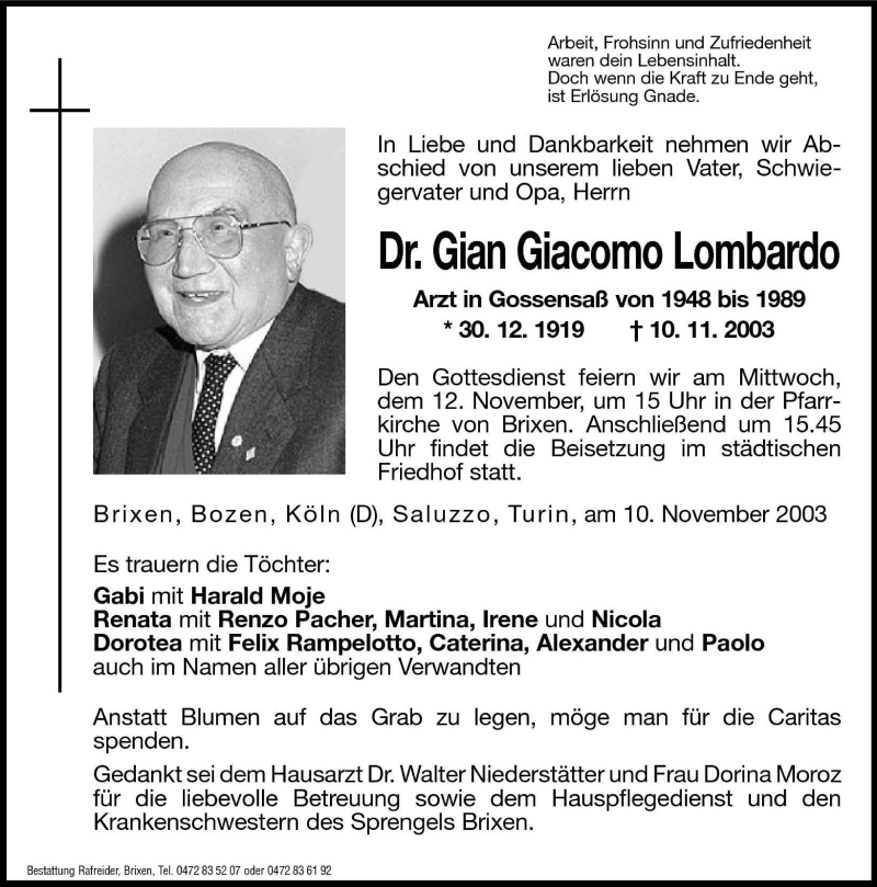 Traueranzeige für Gian Giacomo Lombardo vom 11.11.2003 aus Dolomiten
